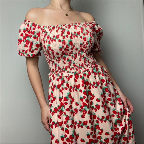 Betsey Johnson Dresses & Skirts - Strawberry Print Off-Shoulder Dress